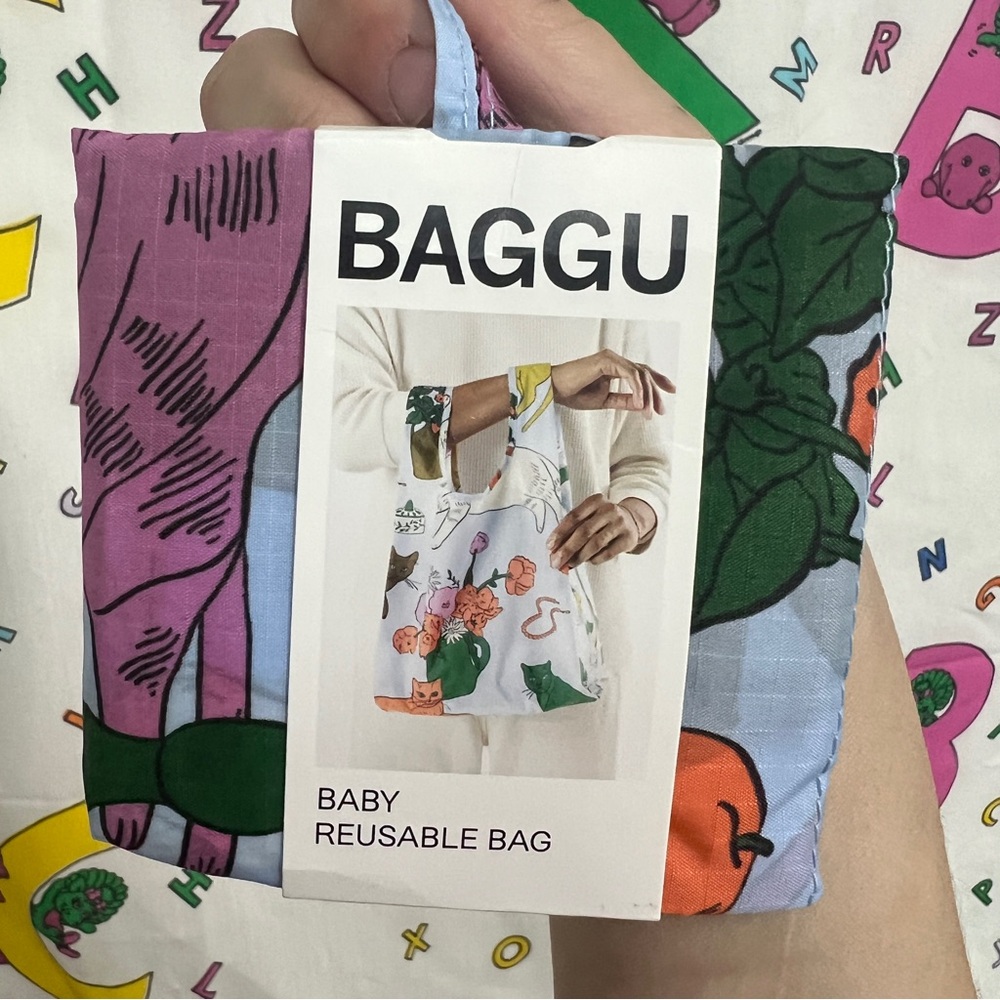 NWT BAGGU Cats Floral All Over Print Baby BAGGU Reusable Foldable Tote Bag